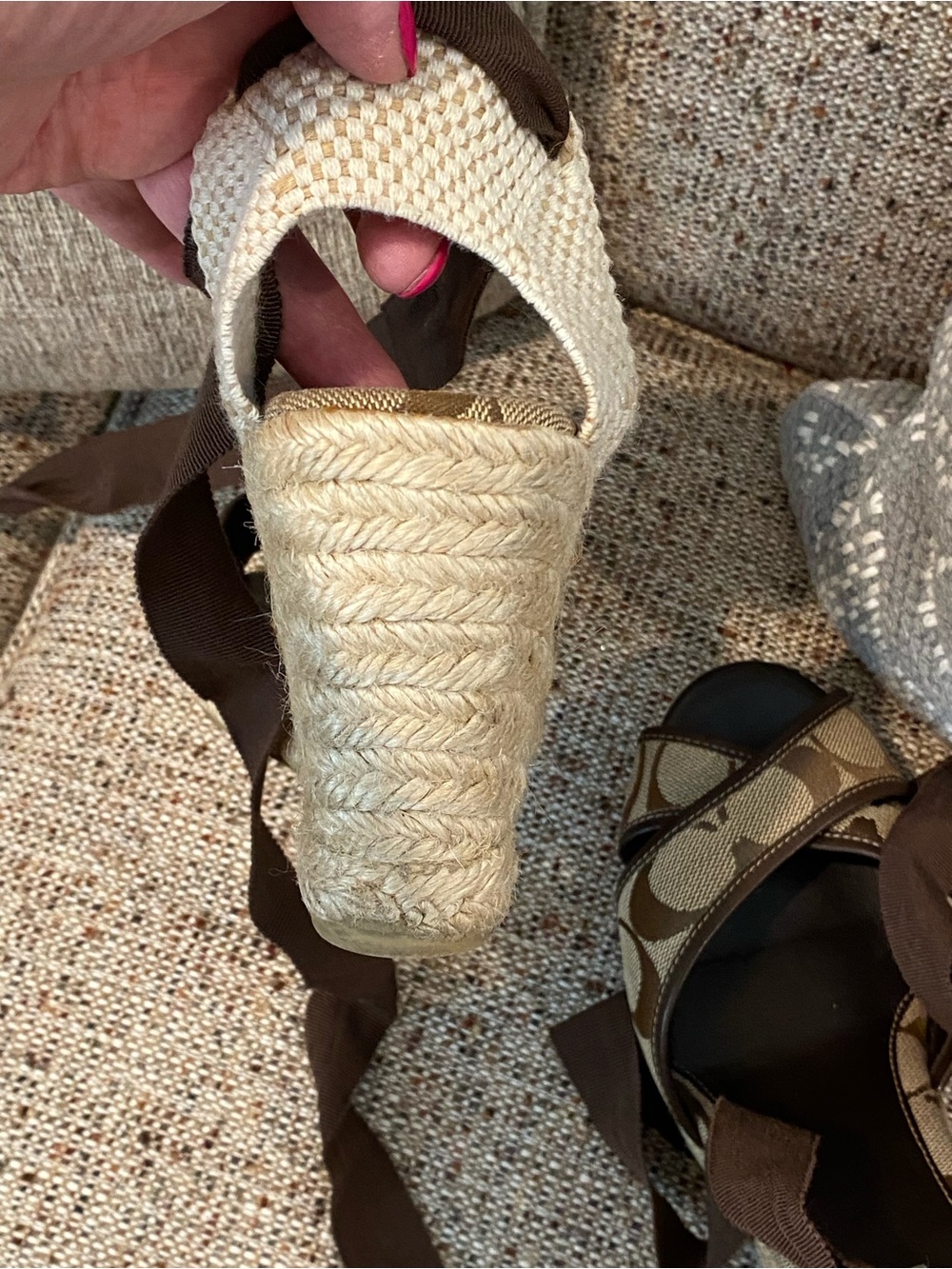 Coach Tan and Brown Signature Canvas Wedge Sandals with Ankle Wrap - Picture 9 of 14
